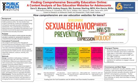 Finding Comprehensive Sexuality Education Online: A Content Analysis of Sex Education Websites for Adolescents Sara S. Marques, MPH; Aubrey Daquiz, BA;