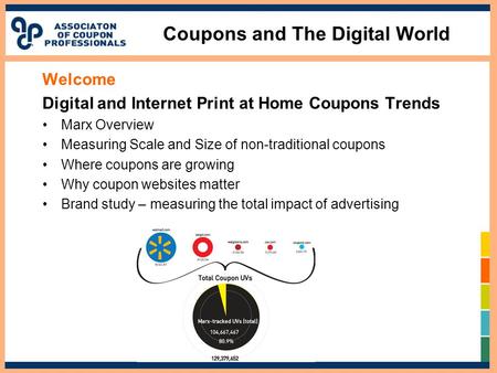 Coupons and The Digital World Welcome Digital and Internet Print at Home Coupons Trends Marx Overview Measuring Scale and Size of non-traditional coupons.