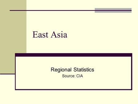 East Asia Regional Statistics Source: CIA. Area of Region Total (sq mi) 4,552,799 Land 4,445,576 Water 107,223 Arable Land 437,988 Permanent Crops 3,288.