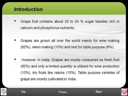 Introduction Grape fruit contains about 20 to 24 % sugar besides rich in calcium and phosphorus nutrients. Grapes are grown all over the world mainly for.