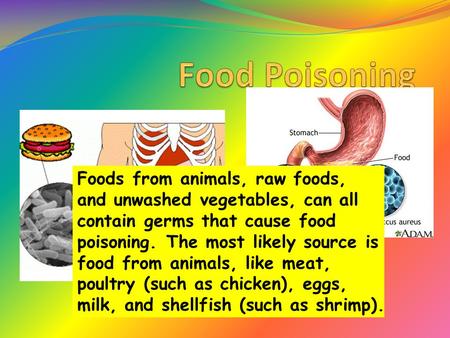 Food Poisoning Foods from animals, raw foods, and unwashed vegetables, can all contain germs that cause food poisoning. The most likely source is food.