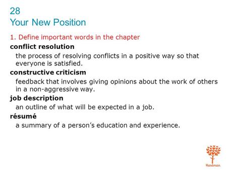 28 Your New Position 1. Define important words in the chapter conflict resolution the process of resolving conflicts in a positive way so that everyone.