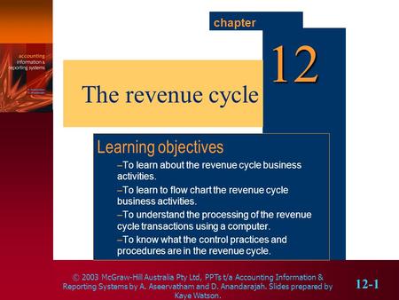 © 2003 McGraw-Hill Australia Pty Ltd, PPTs t/a Accounting Information & Reporting Systems by A. Aseervatham and D. Anandarajah. Slides prepared by Kaye.
