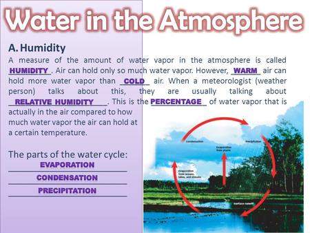 A.Humidity A measure of the amount of water vapor in the atmosphere is called __________. Air can hold only so much water vapor. However, _______ air.