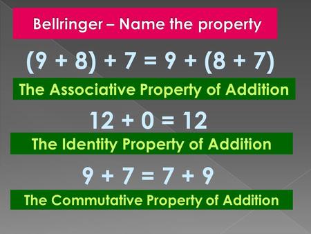 (9 + 8) + 7 = 9 + (8 + 7) The Associative Property of Addition 12 + 0 = 12 The Identity Property of Addition 9 + 7 = 7 + 9 The Commutative Property of.