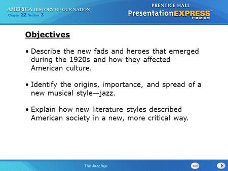 Objectives Describe the new fads and heroes that emerged during the 1920s and how they affected American culture. Identify the origins, importance, and.