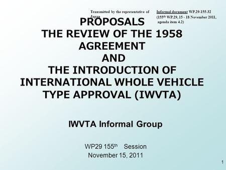 PROPOSALS THE REVIEW OF THE 1958 AGREEMENT AND THE INTRODUCTION OF INTERNATIONAL WHOLE VEHICLE TYPE APPROVAL (IWVTA) IWVTA Informal Group WP29 155 th Session.