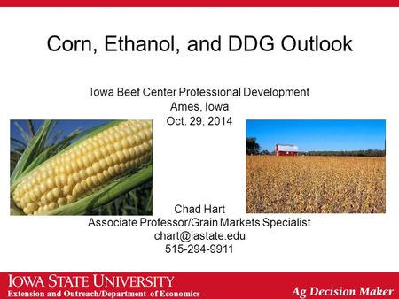 Extension and Outreach/Department of Economics Corn, Ethanol, and DDG Outlook Iowa Beef Center Professional Development Ames, Iowa Oct. 29, 2014 Chad Hart.