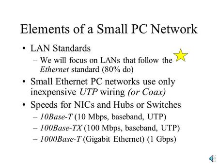 Elements of a Small PC Network LAN Standards –We will focus on LANs that follow the Ethernet standard (80% do) Small Ethernet PC networks use only inexpensive.