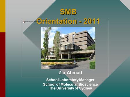 SMB Orientation - 2011 Zia Ahmad School Laboratory Manager School of Molecular Bioscience The University of Sydney.