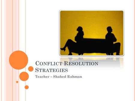 C ONFLICT R ESOLUTION S TRATEGIES Teacher – Shahed Rahman.