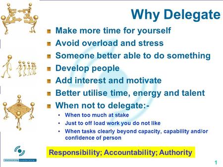 1 Why Delegate Make more time for yourself Avoid overload and stress Someone better able to do something Develop people Add interest and motivate Better.