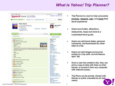 Yahoo! Proprietary. Not for re-distribution. 0  Trip Planner is a tool to help consumers envision, research, plan, and share their travel experience 