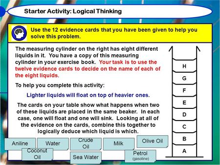 Starter Activity: Logical Thinking Use the 12 evidence cards that you have been given to help you solve this problem. A B C D E F G H The measuring cylinder.