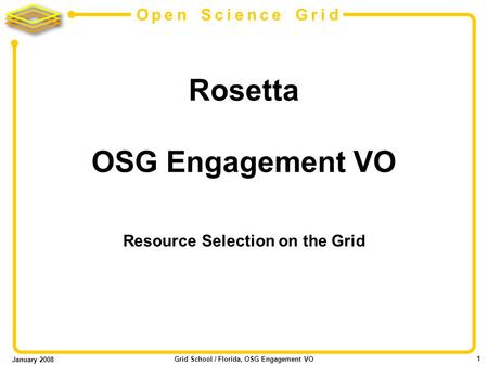 January 2008 Grid School / Florida, OSG Engagement VO 1 Open Science Grid Rosetta OSG Engagement VO Resource Selection on the Grid.