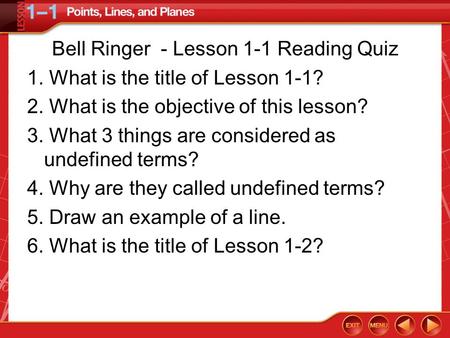 Bell Ringer - Lesson 1-1 Reading Quiz