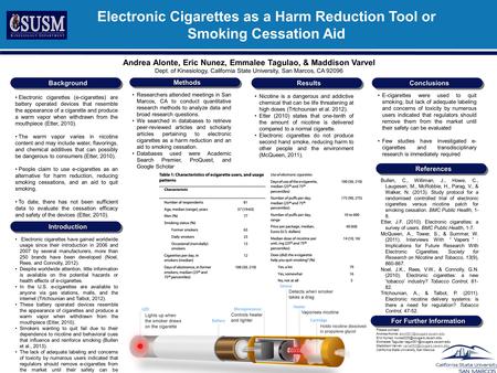 Electronic cigarettes (e-cigarettes) are battery operated devices that resemble the appearance of a cigarette and produce a warm vapor when withdrawn from.
