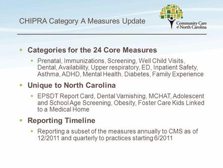 CHIPRA Category A Measures Update  Categories for the 24 Core Measures  Prenatal, Immunizations, Screening, Well Child Visits, Dental, Availability,