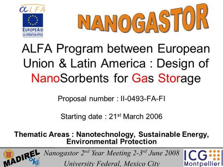 ALFA Program between European Union & Latin America : Design of NanoSorbents for Gas Storage Proposal number : II-0493-FA-FI Starting date : 21 st March.