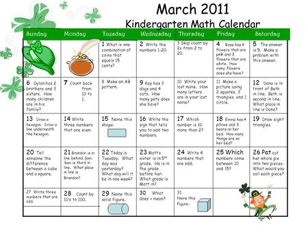 March 2011 Kindergarten Math Calendar