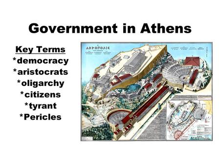 Government in Athens Key Terms *democracy *aristocrats *oligarchy *citizens *tyrant *Pericles.