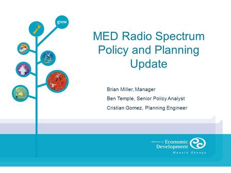 MED Radio Spectrum Policy and Planning Update Brian Miller, Manager Ben Temple, Senior Policy Analyst Cristian Gomez, Planning Engineer.