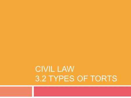 CIVIL LAW 3.2 TYPES OF TORTS. Types of Torts  There are three categories of torts:  Intentional Wrong  Negligence  Strict Liability.
