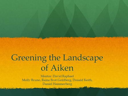 Greening the Landscape of Aiken Mentor: David Raphael Molly Bruno, Raina Brot-Goldberg, Donald Keith, Daniel Hammerberg.