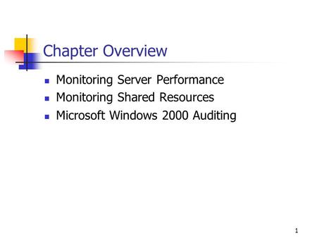 1 Chapter Overview Monitoring Server Performance Monitoring Shared Resources Microsoft Windows 2000 Auditing.