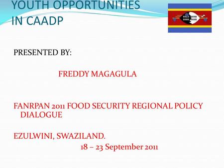 YOUTH OPPORTUNITIES IN CAADP PRESENTED BY: FREDDY MAGAGULA FANRPAN 2011 FOOD SECURITY REGIONAL POLICY DIALOGUE EZULWINI, SWAZILAND. 18 – 23 September 2011.