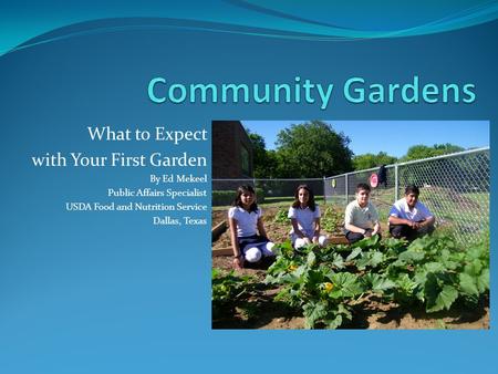 What to Expect with Your First Garden By Ed Mekeel Public Affairs Specialist USDA Food and Nutrition Service Dallas, Texas.