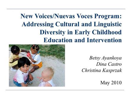 New Voices/Nuevas Voces Program: Addressing Cultural and Linguistic Diversity in Early Childhood Education and Intervention Betsy Ayankoya Dina Castro.