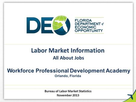 Labor Market Information All About Jobs Workforce Professional Development Academy Orlando, Florida Bureau of Labor Market Statistics November 2013.