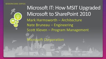 Mark Harmsworth – Architecture Nate Bruneau – Engineering Scott Kleven – Program Management Microsoft Corporation SESSION CODE: OSP321.