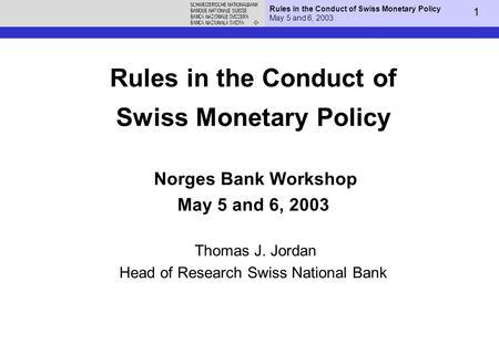 1 Rules in the Conduct of Swiss Monetary Policy May 5 and 6, 2003 Rules in the Conduct of Swiss Monetary Policy Norges Bank Workshop May 5 and 6, 2003.