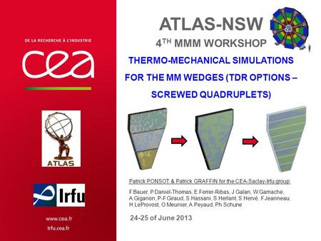 Irfu.cea.fr ATLAS-NSW 4 TH MMM WORKSHOP THERMO-MECHANICAL SIMULATIONS FOR THE MM WEDGES (TDR OPTIONS – SCREWED QUADRUPLETS) 24-25 of June 2013 Patrick.