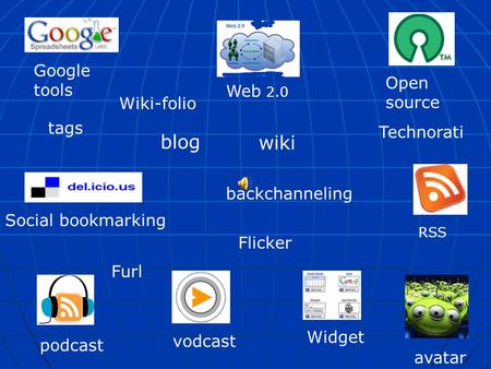 Web 2.0 Social bookmarking vodcast Google tools blog avatar podcastOpen source RSS wiki tags backchanneling Technorati Furl Flicker Widget Wiki-folio.