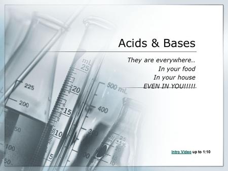 Acids & Bases They are everywhere.. In your food In your house EVEN IN YOU!!!!! Intro VideoIntro Video up to 1:10 Intro Video.