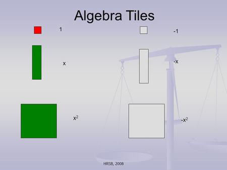 HRSB, 2008 Algebra Tiles 1 x -x x2x2 -x 2. HRSB, 2008 Algebra Tiles y-y xy -y 2 y2y2 -xy.