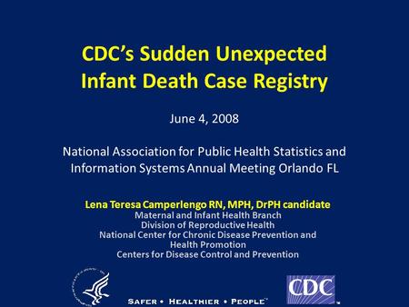 CDC’s Sudden Unexpected Infant Death Case Registry June 4, 2008 National Association for Public Health Statistics and Information Systems Annual Meeting.