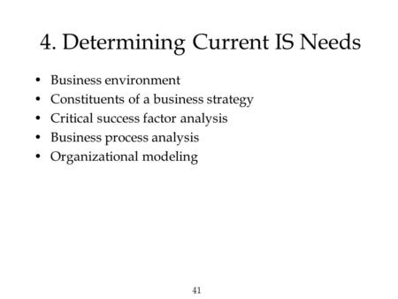 41 4. Determining Current IS Needs Business environment Constituents of a business strategy Critical success factor analysis Business process analysis.