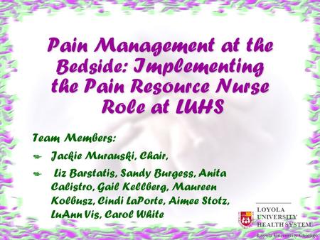 Pain Management at the Bedside : Implementing the Pain Resource Nurse Role at LUHS Team Members: Jackie Murauski, Chair, Liz Barstatis, Sandy Burgess,