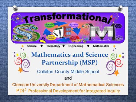 Mathematics and Science Partnership (MSP) Colleton County Middle School and Clemson University Department of Mathematical Sciences PDI 2 Professional Development.
