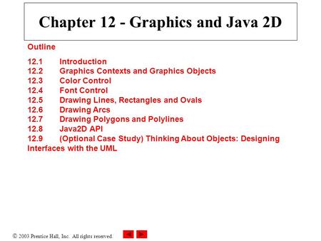  2003 Prentice Hall, Inc. All rights reserved. Outline 12.1 Introduction 12.2 Graphics Contexts and Graphics Objects 12.3 Color Control 12.4 Font Control.