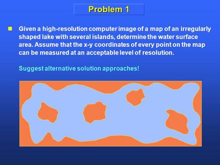 Problem 1 Given a high-resolution computer image of a map of an irregularly shaped lake with several islands, determine the water surface area. Assume.