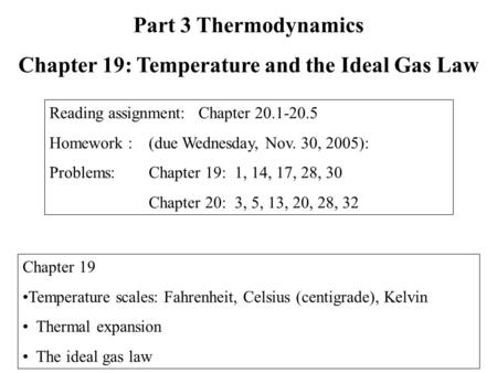 Chapter 19 Temperature scales: Fahrenheit, Celsius (centigrade), Kelvin Thermal expansion The ideal gas law Part 3 Thermodynamics Chapter 19: Temperature.