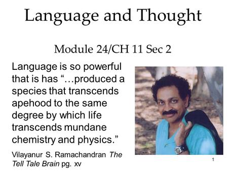 1 Language and Thought Module 24/CH 11 Sec 2 Language is so powerful that is has “…produced a species that transcends apehood to the same degree by which.