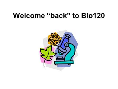 Welcome “back” to Bio120. Housekeeping New Students? Questions –Course Expectations –Syllabus.