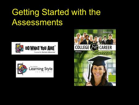 Getting Started with the Assessments. The Assessments n Part I: Personality Assessment Do What You Are (DWYA) n Part II: Learning Style Assessment.