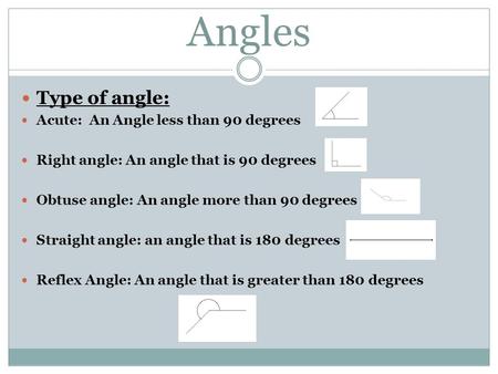 Angles Type of angle: Acute: An Angle less than 90 degrees Right angle: An angle that is 90 degrees Obtuse angle: An angle more than 90 degrees Straight.